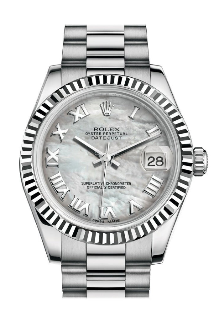 Rolex Datejust 31 White mother-of-pearl Roman Dial Fluted Bezel 18K White Gold President Ladies Watch 178279 Pre-owned