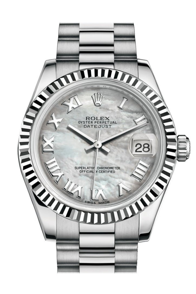 Rolex Datejust 31 White mother-of-pearl Roman Dial Fluted Bezel 18K White Gold President Ladies Watch 178279 Pre-owned
