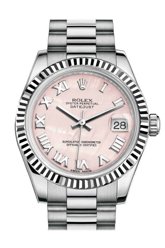Rolex Datejust 31 Pink mother-of-pearl Roman Dial Fluted Bezel 18K White Gold President Ladies Watch 178279 Pre-owned