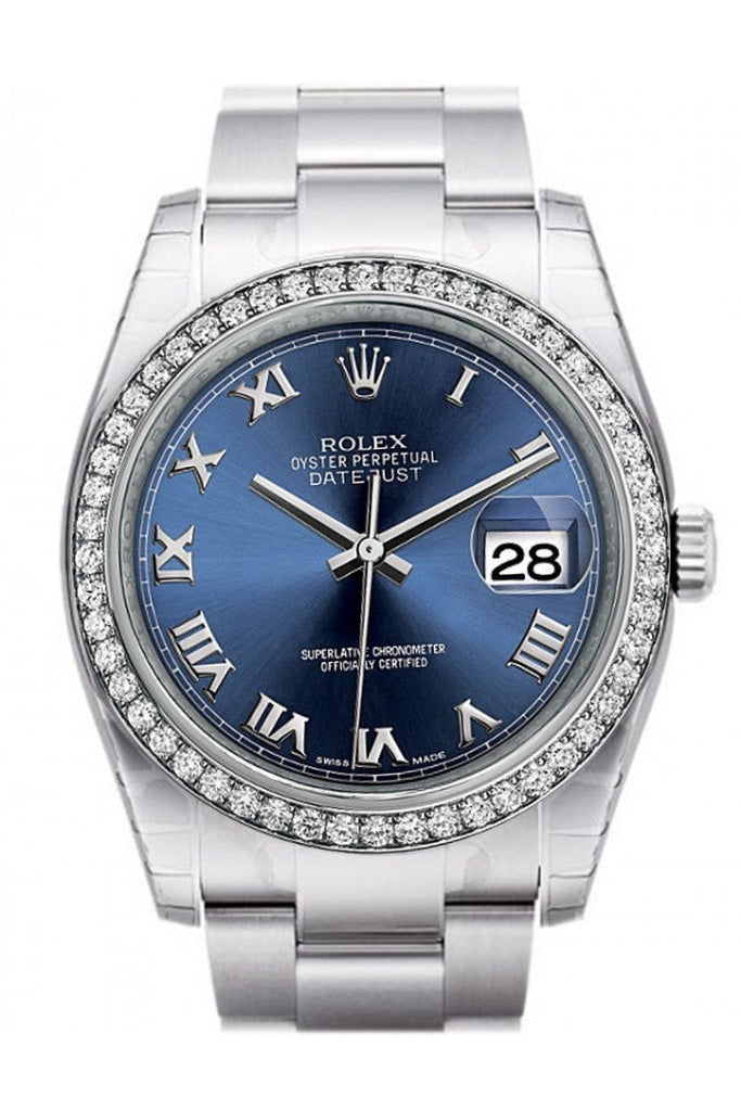 Rolex Datejust 36 Blue Roman Dial 18k White Gold Diamond Bezel Men's Watch 116244 Pre-owned