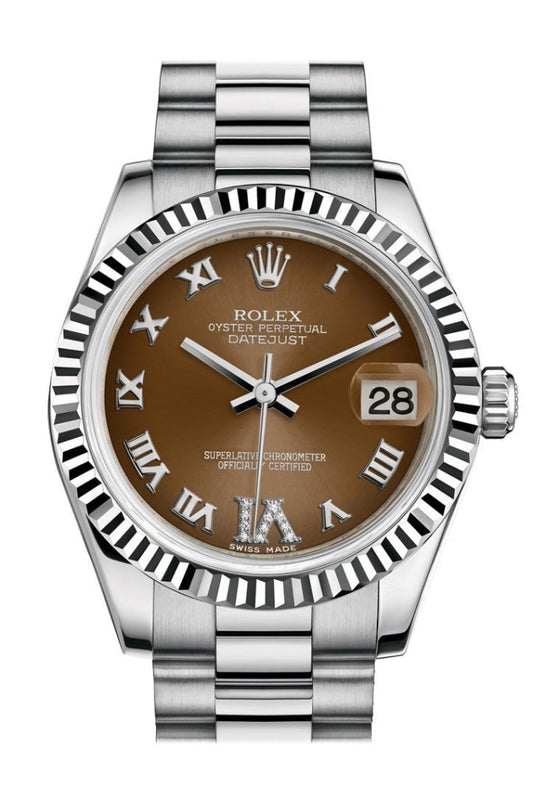 Rolex Datejust 31 Bronze Large VI Diamond Dial Fluted Bezel 18K White Gold President Ladies Watch 178279 Pre-owned