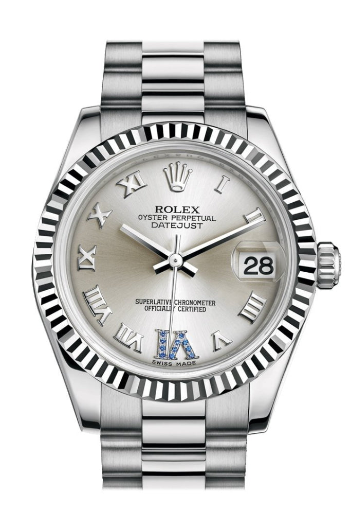 Rolex Datejust 31 Silver Large VI set with sapphires Dial Fluted Bezel 18K White Gold President Ladies Watch 178279 Pre-owned