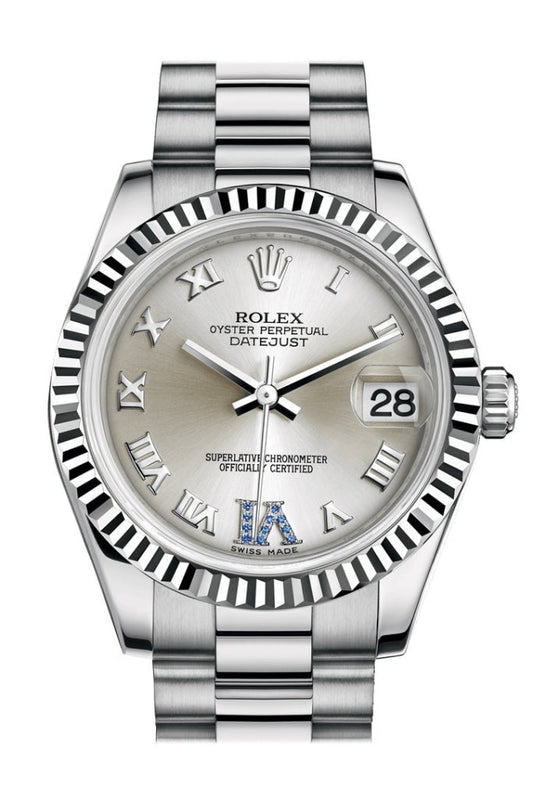 Rolex Datejust 31 Silver Large VI set with sapphires Dial Fluted Bezel 18K White Gold President Ladies Watch 178279 Pre-owned