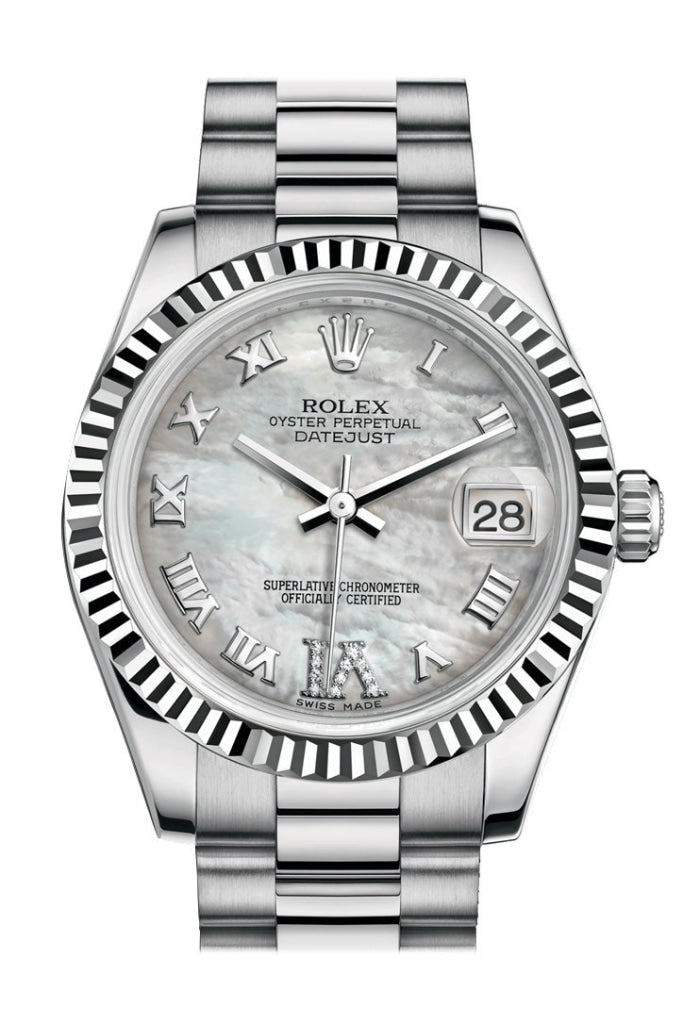 Rolex Datejust 31 White mother-of-pearl Large VI Diamond Dial Fluted Bezel 18K White Gold President Ladies Watch 178279 Pre-owned