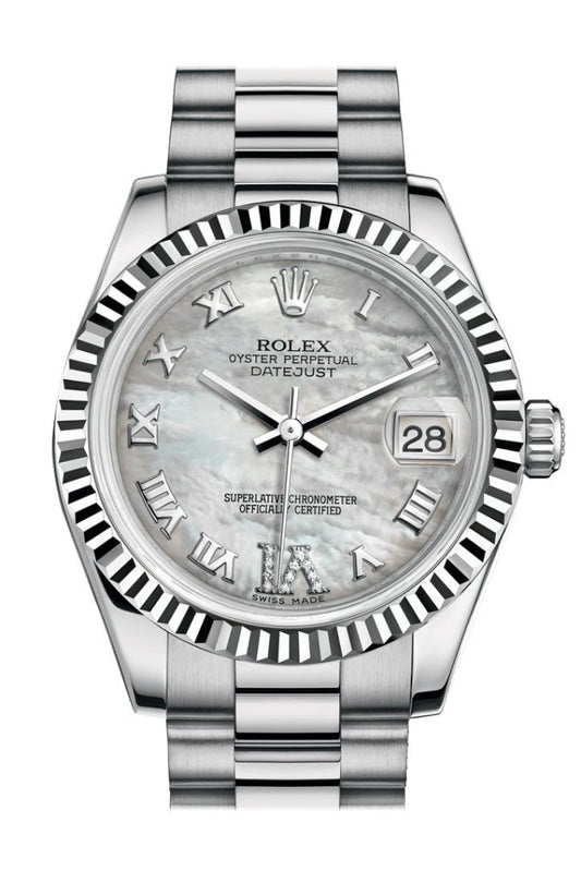 Rolex Datejust 31 White mother-of-pearl Large VI Diamond Dial Fluted Bezel 18K White Gold President Ladies Watch 178279 Pre-owned