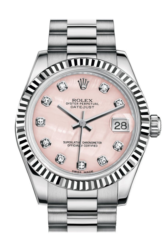 Rolex Datejust 31 Pink mother-of-pearl Diamond Dial Fluted Bezel 18K White Gold President Ladies Watch 178279 Pre-owned