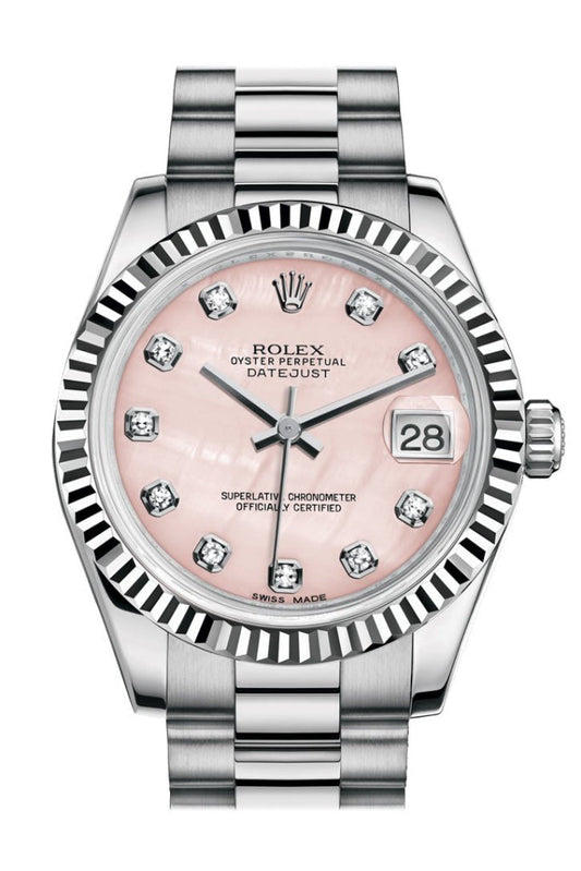 Rolex Datejust 31 Pink mother-of-pearl Diamond Dial Fluted Bezel 18K White Gold President Ladies Watch 178279 Pre-owned