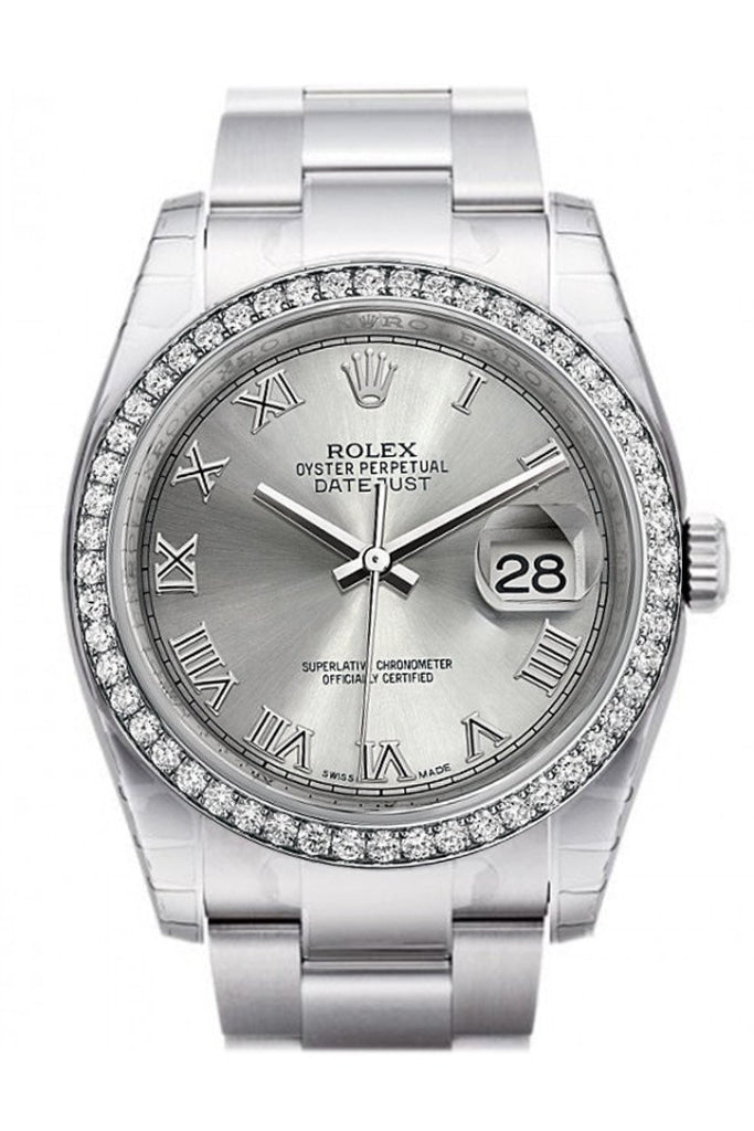 Rolex Datejust 36 Rhodium Roman Dial 18k White Gold Diamond Bezel Men's Watch 116244 Pre-owned
