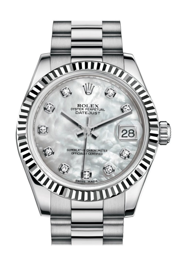 Rolex Datejust 31 White mother-of-pearl Diamond Dial Fluted Bezel 18K White Gold President Ladies Watch 178279 Pre-owned