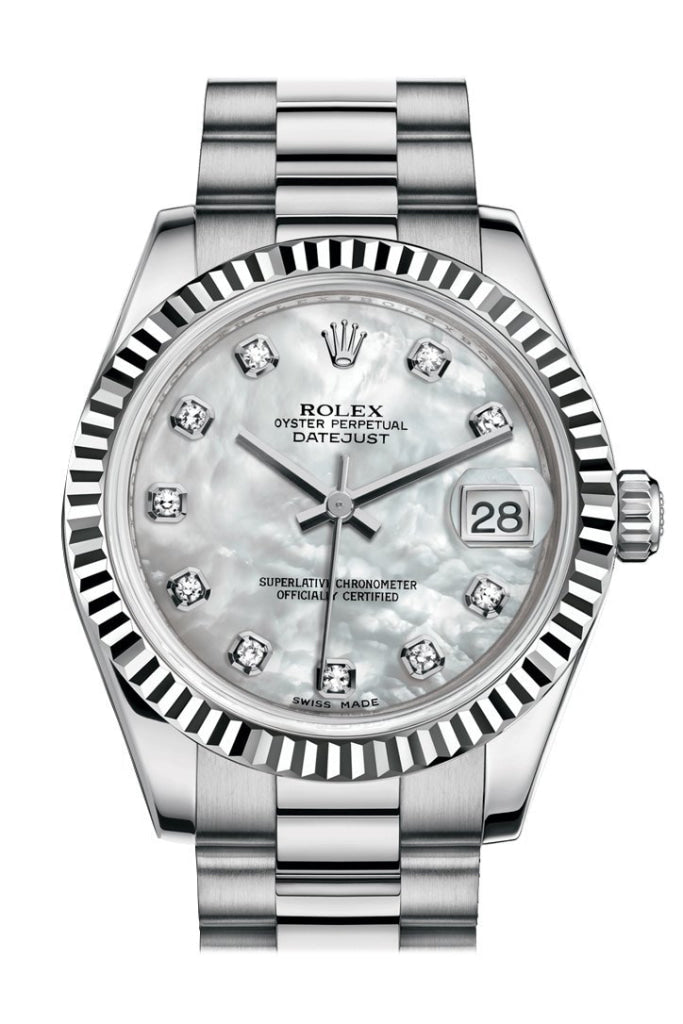 Rolex Datejust 31 White mother-of-pearl Diamond Dial Fluted Bezel 18K White Gold President Ladies Watch 178279 Pre-owned