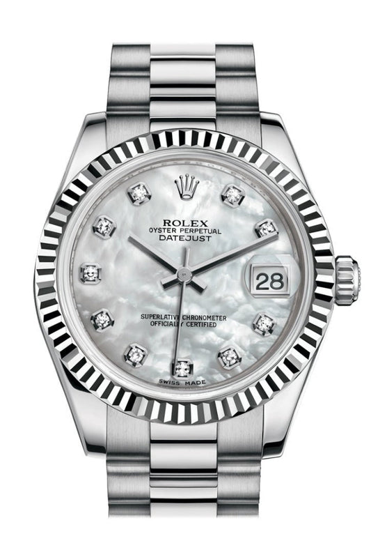 Rolex Datejust 31 White mother-of-pearl Diamond Dial Fluted Bezel 18K White Gold President Ladies Watch 178279 Pre-owned