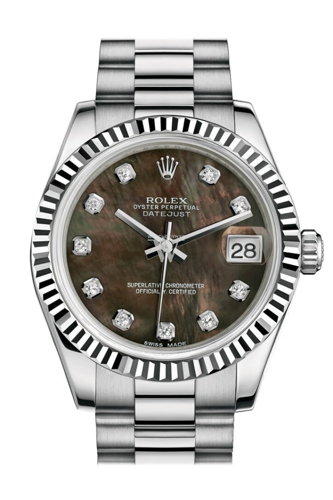 Rolex Datejust 31 Black mother-of-pearl Diamond Dial Fluted Bezel 18K White Gold President Ladies Watch 178279 Pre-owned