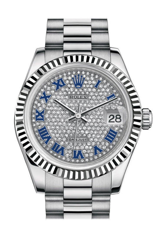 Rolex Datejust 31 Diamond-paved Roman Dial Fluted Bezel 18K White Gold President Ladies Watch 178279 Pre-owned