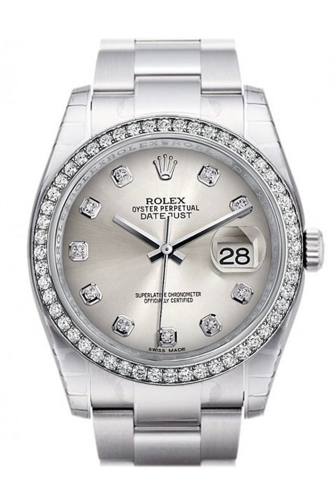 Rolex Datejust 36 Silver Diamonds Dial 18k White Gold Diamond BezelMen's Watch 116244 Pre-owned