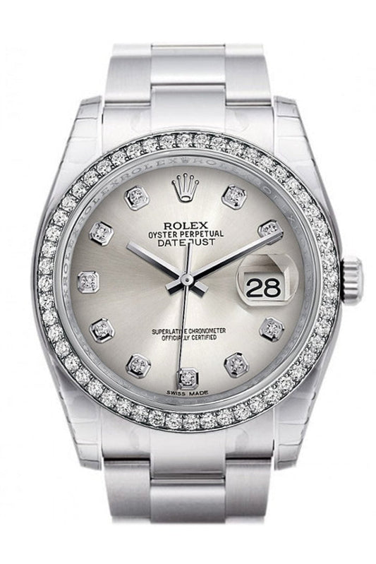 Rolex Datejust 36 Silver Diamonds Dial 18k White Gold Diamond BezelMen's Watch 116244 Pre-owned