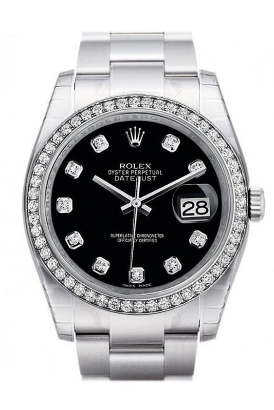 Rolex Datejust 36 Black set with Diamonds Dial 18k White Gold Diamond Bezel Men's Watch 116244 Pre-owned