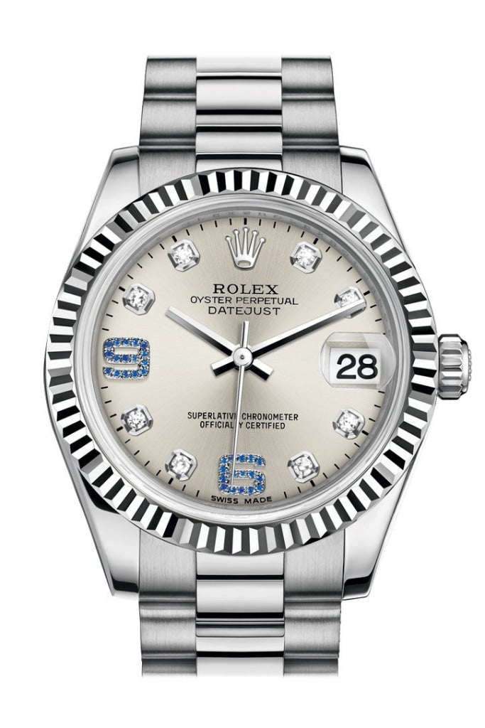 Rolex Datejust 31 Silver set with diamonds and sapphires Dial Fluted Bezel 18K White Gold President Ladies Watch 178279 Pre-owned