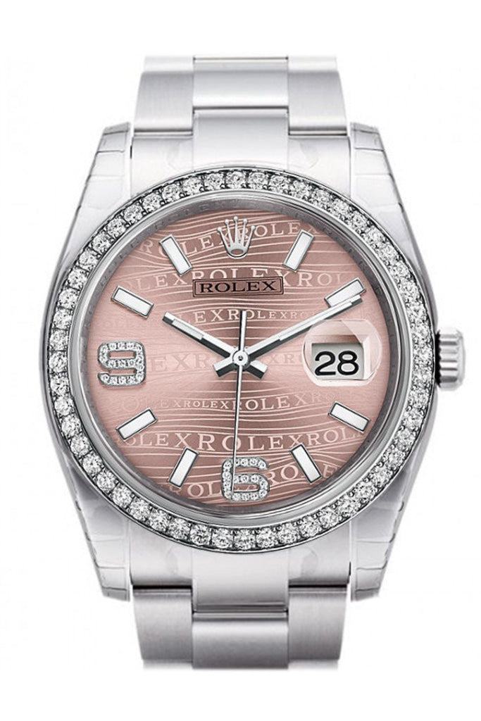 Rolex Datejust 36 Pink Waves Diamonds Dial 18k White Gold Diamond Bezel Men's Watch 116244  Pre-owned