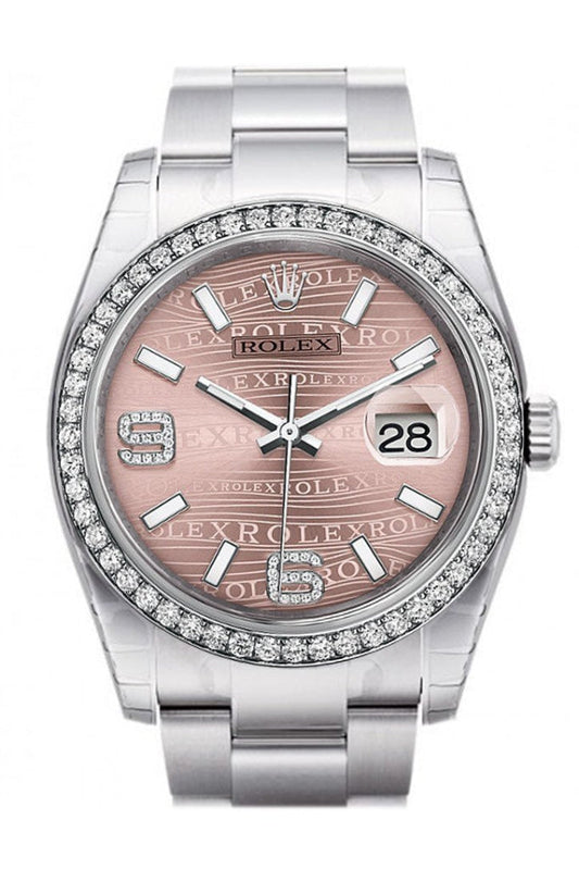 Rolex Datejust 36 Pink Waves Diamonds Dial 18k White Gold Diamond Bezel Men's Watch 116244  Pre-owned