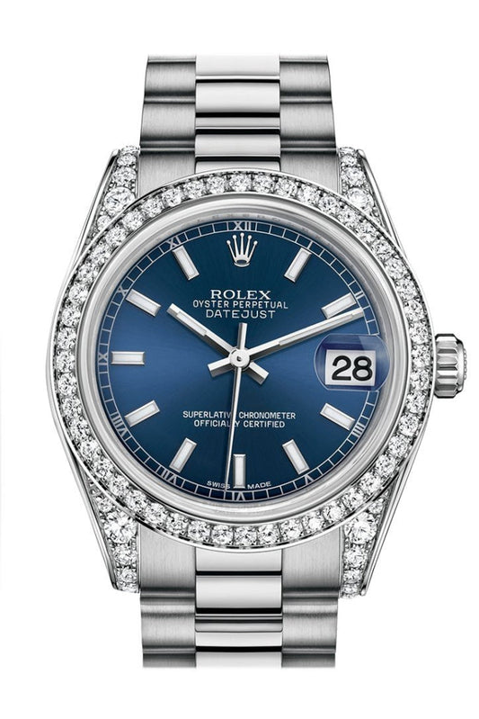 Rolex Datejust 31 Blue Dial Diamond Bezel Lug 18K White Gold President Ladies Watch 178159 Pre-owned