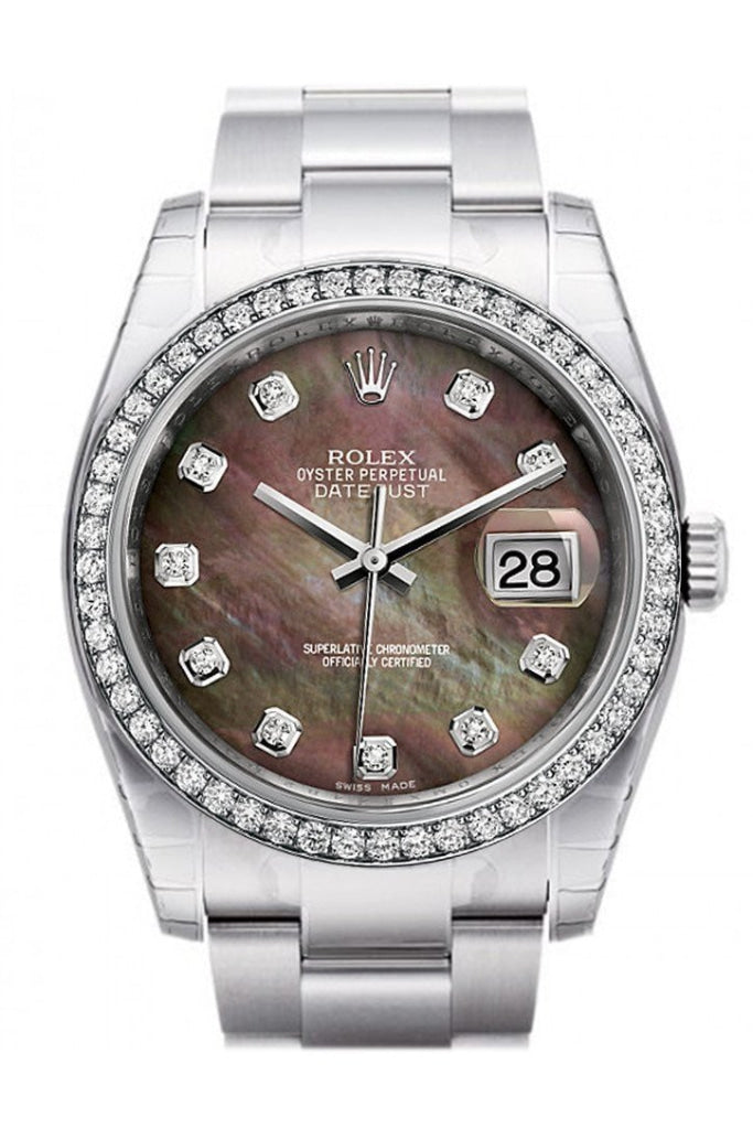 Rolex Datejust 36 Black Mother-of-pearl Diamonds Dial 18k White Gold Diamond Bezel Men's Watch 116244 Pre-owned