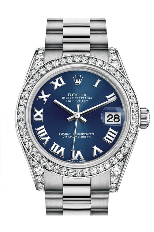 Rolex Datejust 31 Blue Roman Dial Diamond Bezel Lug 18K White Gold President Ladies Watch 178159 Pre-owned
