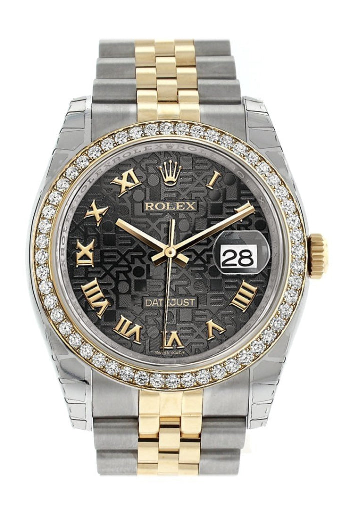 Rolex Datejust 36 Black Jubilee Roman Dial 18k White Gold Diamond Bezel Jubilee Ladies Watch 116243 Pre-owned