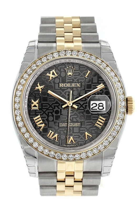 Rolex Datejust 36 Black Jubilee Roman Dial 18k White Gold Diamond Bezel Jubilee Ladies Watch 116243 Pre-owned