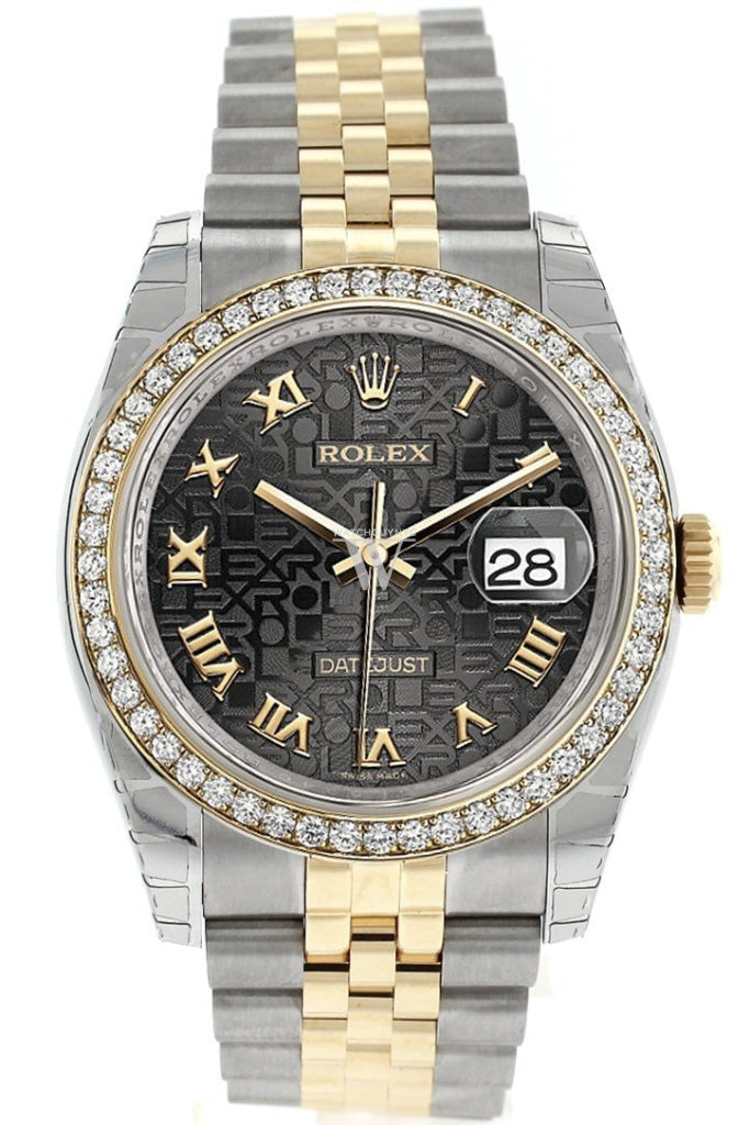 Rolex Datejust 36 Black Jubilee Roman Dial 18k White Gold Diamond Bezel Jubilee Ladies Watch 116243 Pre-owned
