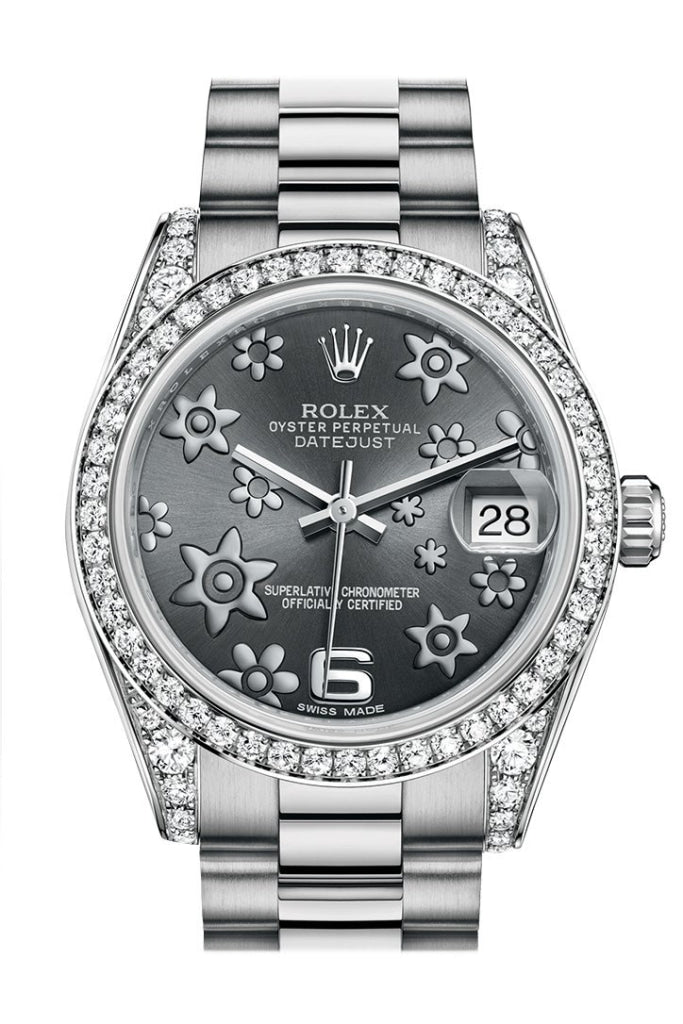 Rolex Datejust 31 Dark Rhodium Raised Floral Motif Dial Diamond Bezel Lug 18K White Gold President Watch 178159 Pre-owned