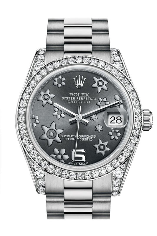 Rolex Datejust 31 Dark Rhodium Raised Floral Motif Dial Diamond Bezel Lug 18K White Gold President Watch 178159 Pre-owned