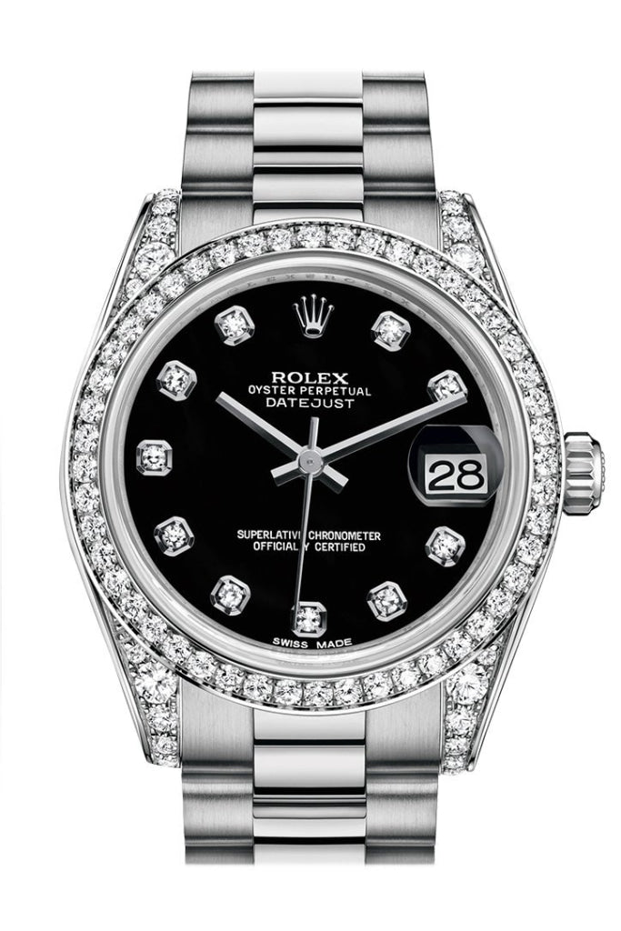 Rolex Datejust 31 Black Diamond Dial Diamond Bezel Lug 18K White Gold President Ladies Watch 178159 Pre-owned
