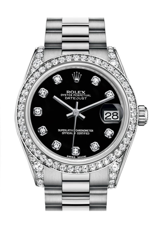 Rolex Datejust 31 Black Diamond Dial Diamond Bezel Lug 18K White Gold President Ladies Watch 178159 Pre-owned