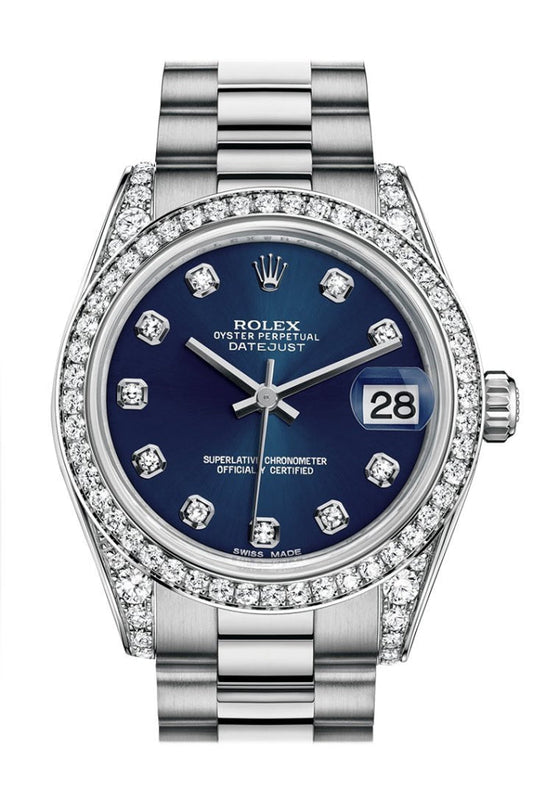 Rolex Datejust 31 Blue Diamond Dial Diamond Bezel Lug 18K White Gold President Ladies Watch 178159 Pre-owned