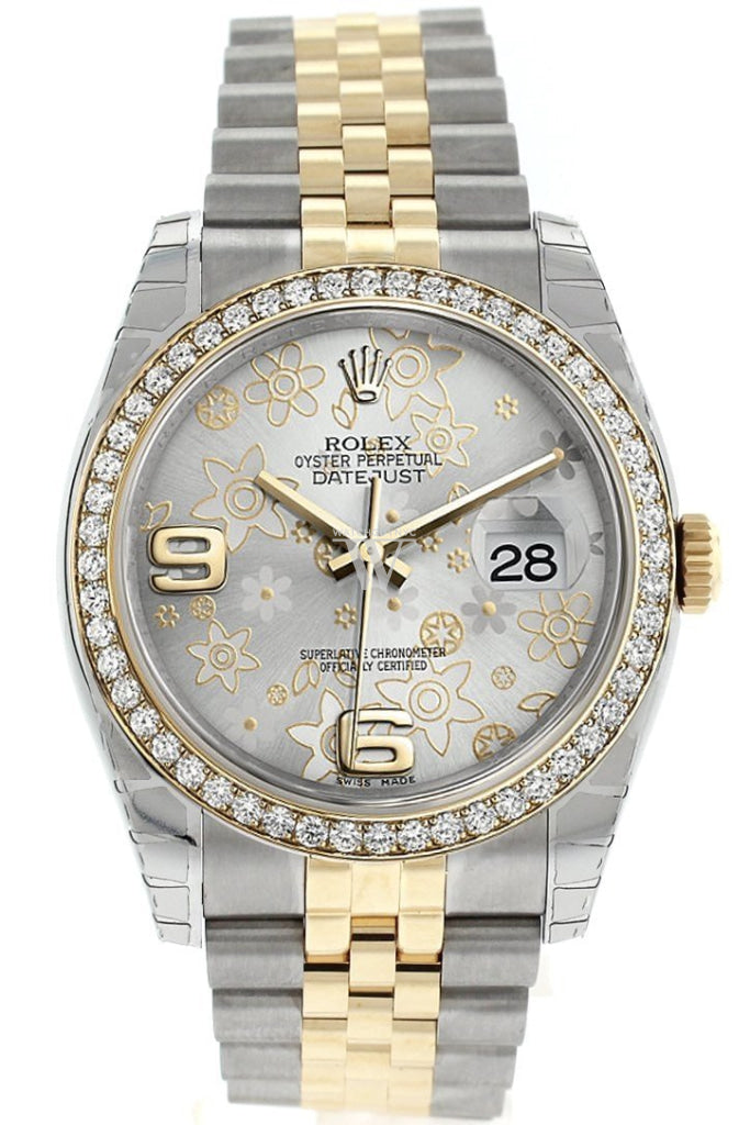 Rolex Datejust 36 Silver Floral Motif Dial 18k White Gold Diamond Bezel Jubilee Ladies Watch 116243 Pre-owned