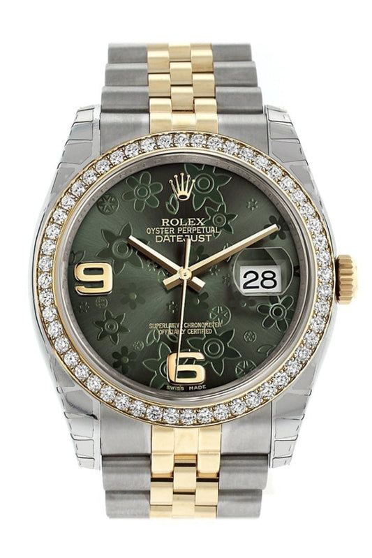 Rolex Datejust 36 Green Floral Motif Dial 18k White Gold Diamond Bezel Jubilee Ladies Watch 116243 Pre-owned