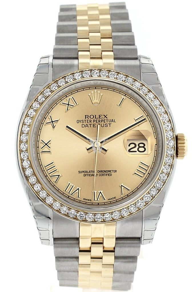 Rolex Datejust 36 Champagne Roman Dial 18k White Gold Diamond Bezel Jubilee Ladies Watch 116243 Pre-owned