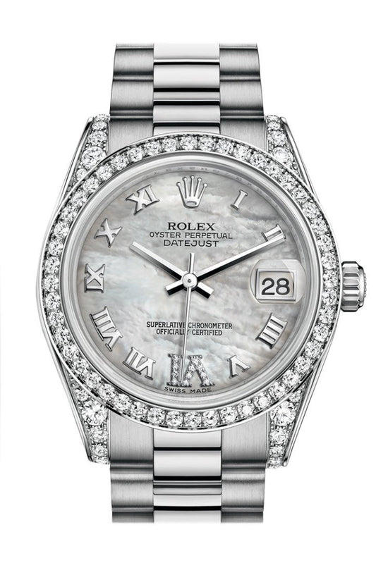 Rolex Datejust 31 White mother-of-pearl Large VI Dial Diamond Bezel Lug 18K White Gold President Ladies Watch 178159 Pre-owned