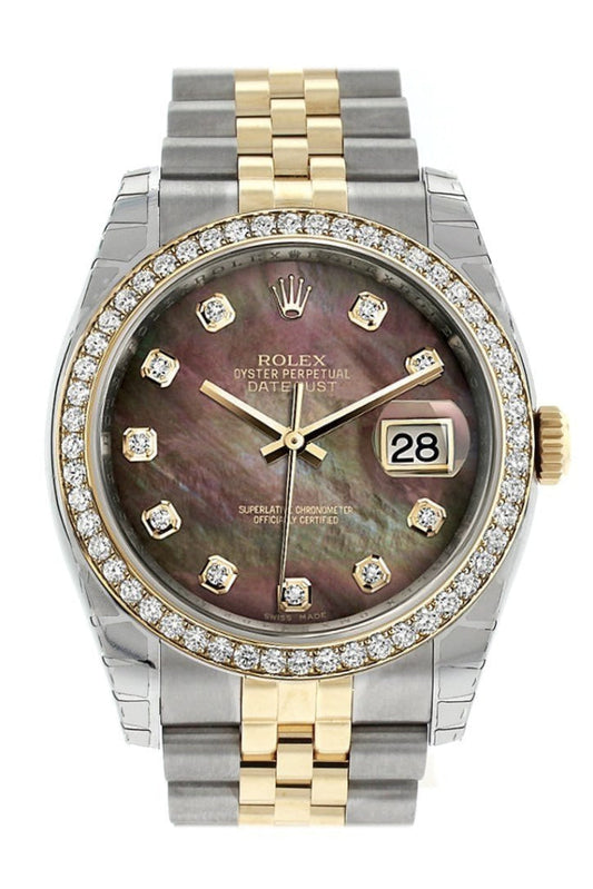 Rolex Datejust 36 Black mother-of-pearl diamonds Dial 18k White Gold Diamond Bezel Jubilee Ladies Watch 116243 Pre-owned