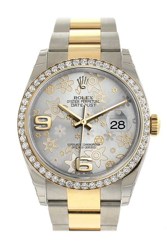 Rolex Datejust 36 Silver Floral Motif Dial 18k White Gold Diamond Bezel Ladies Watch 116243 Pre-owned