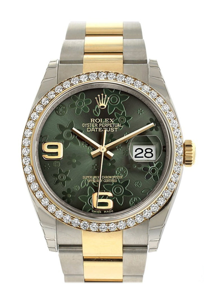 Rolex Datejust 36 Green Floral Motif Dial 18k White Gold Diamond Bezel Ladies Watch 116243 Pre-owned