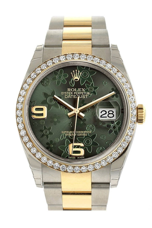 Rolex Datejust 36 Green Floral Motif Dial 18k White Gold Diamond Bezel Ladies Watch 116243 Pre-owned