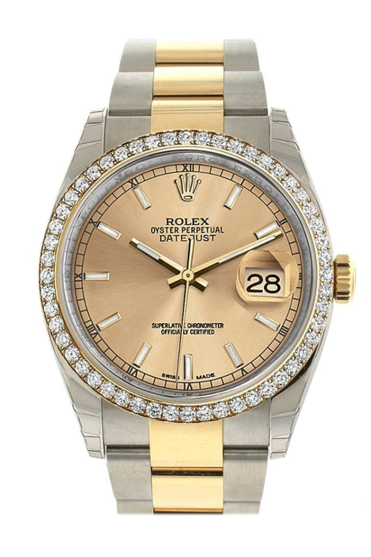 Rolex Datejust 36 Champagne Dial 18k Gold Diamond Bezel Ladies Watch 116243 Pre-owned