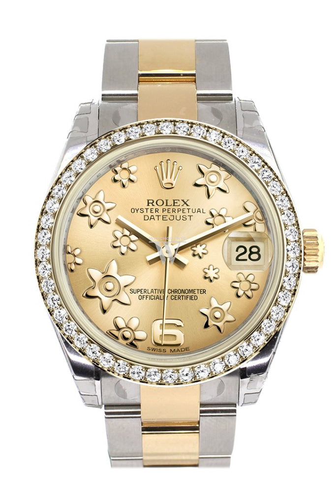 Rolex Datejust 31 Champagne raised floral motif Dial Diamond Bezel Yellow Gold Two Tone Watch 178383 Pre-owned