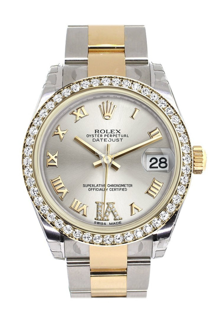 Rolex Datejust 31 Silver Large VI Diamonds Dial Diamond Bezel Yellow Gold Two Tone Watch 178383 Pre-owned