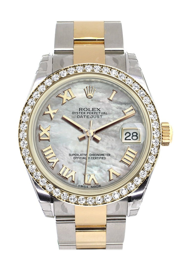 Rolex Datejust 31mm White mother-of-pearl Roman Dial Diamond Bezel Yellow Gold Two Tone Watch 178383 Pre-owned