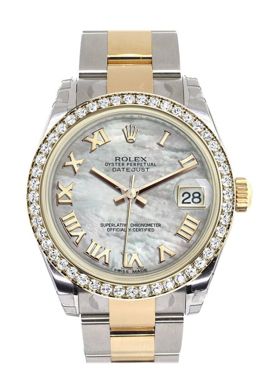 Rolex Datejust 31mm White mother-of-pearl Roman Dial Diamond Bezel Yellow Gold Two Tone Watch 178383 Pre-owned