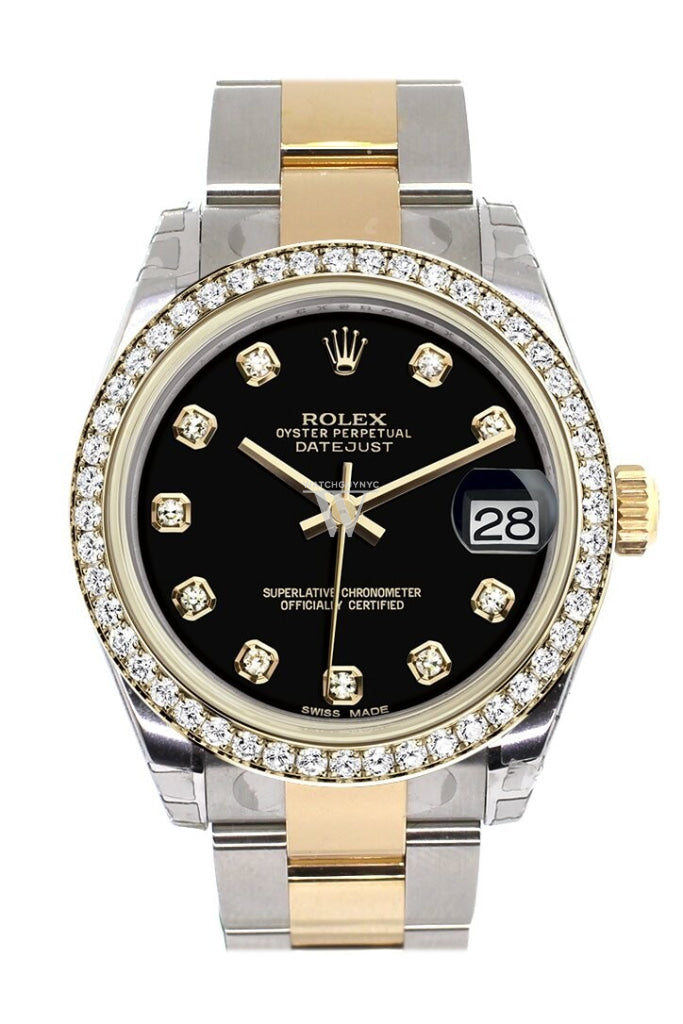 Rolex Datejust 31 Black Diamond Dial Diamond Bezel Yellow Gold Two Tone Oyster Watch 178383 Pre-owned