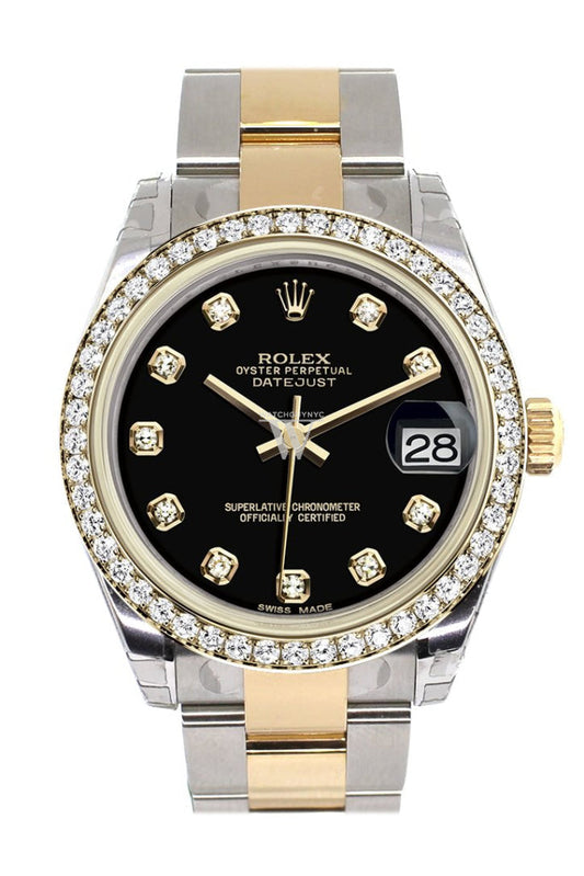Rolex Datejust 31 Black Diamond Dial Diamond Bezel Yellow Gold Two Tone Oyster Watch 178383 Pre-owned