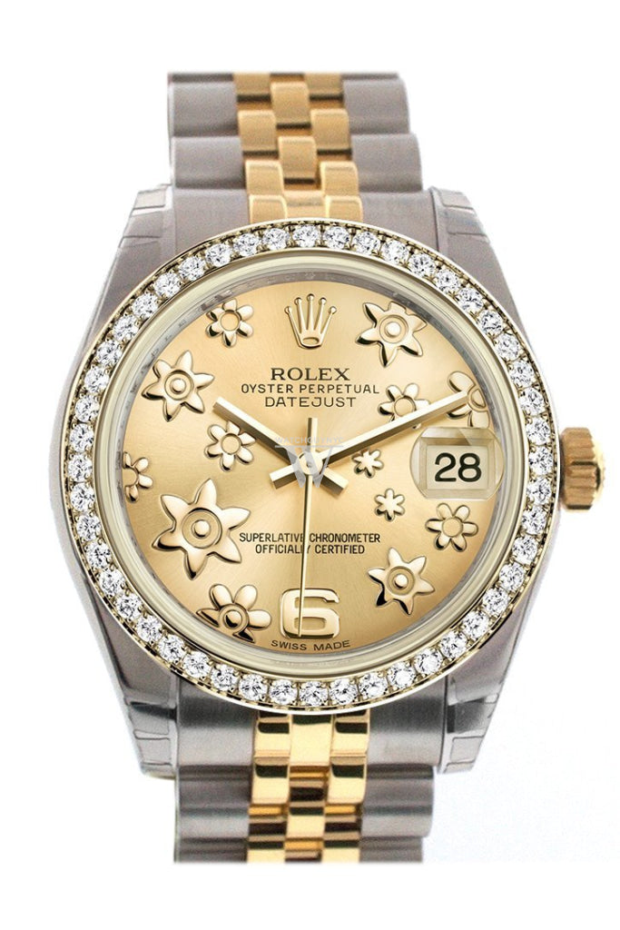 Rolex Datejust 31 Champagne Raised Floral Motif Dial Diamond Bezel Jubilee Yellow Gold Two Tone Watch 178383 Pre-owned